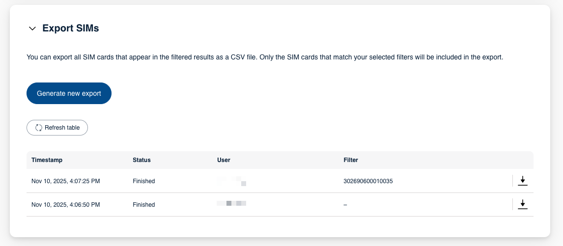 SIM Export section below the SIM table