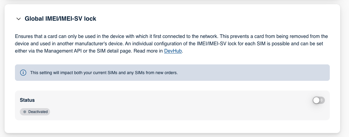Paramètres du verrouillage IMEI global des SIM.
