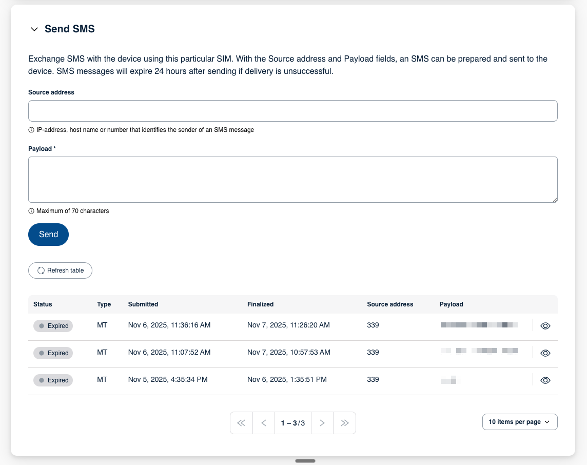 Aperçu de la console SMS.