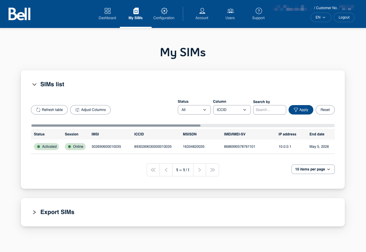 Aperçu de la page Mes cartes SIM, affichant toutes les SIM de l’organisation.