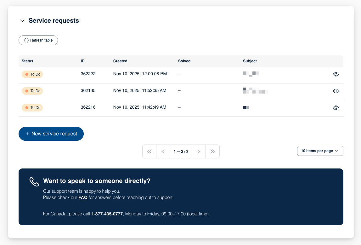 Page Assistance, avec des références vers le Developer Hub, la référence API et le service client.