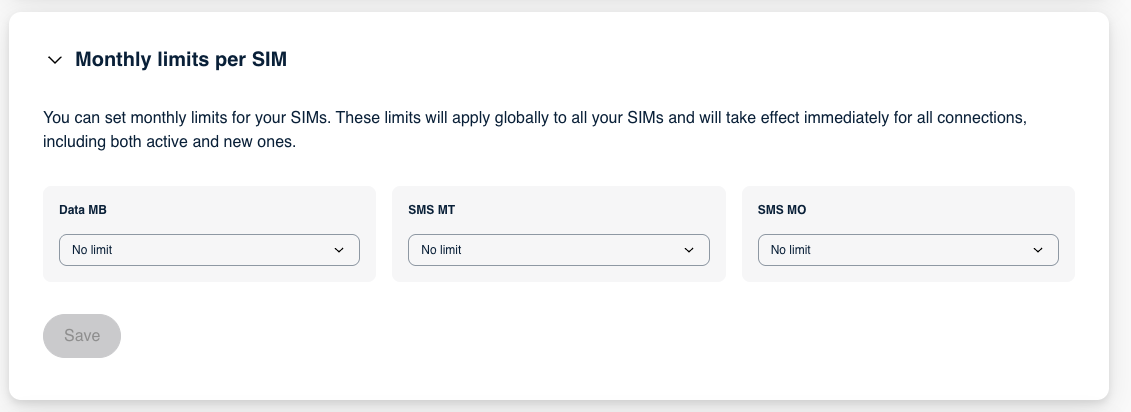 Configuration des limites mensuelles pour les données et les MO-/MT‑SMS.
